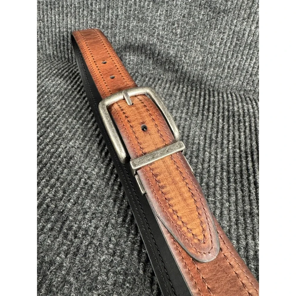 Columbia Men's Leather Belt 44 Brown Double Stitch Casual Rugged Silver Buckle